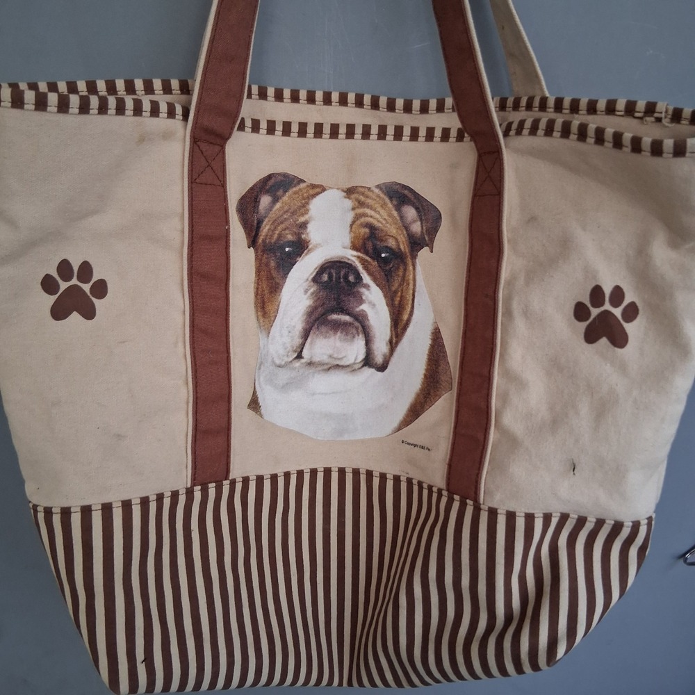 English Bulldog Graphic Print Striped Tote Bag‎ Purse VGUC Brown Tan
